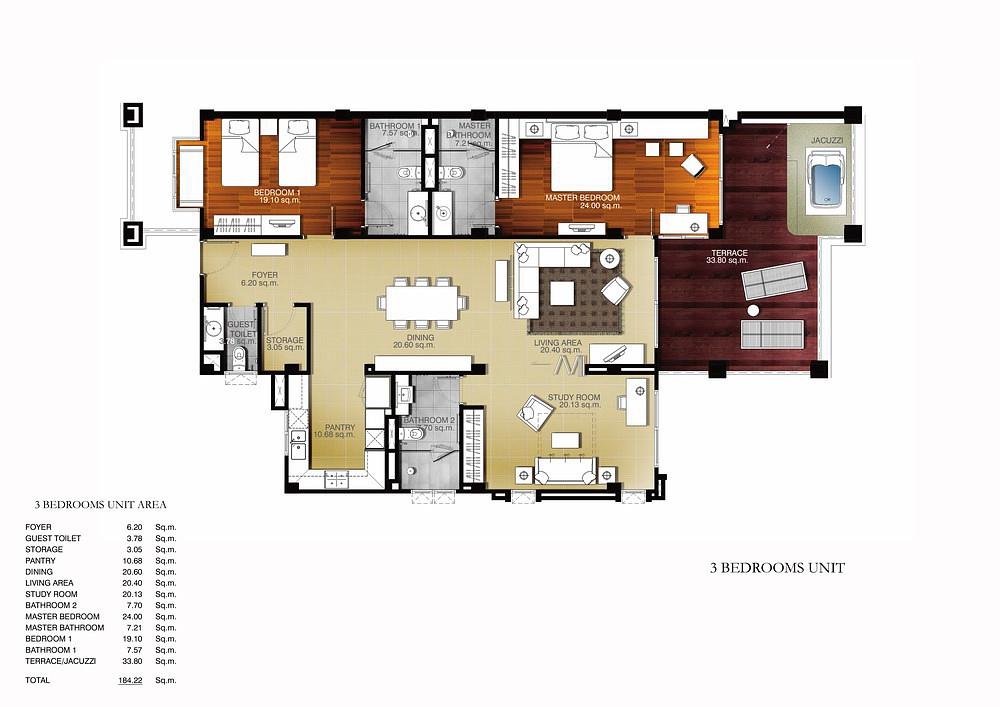 Condominium S101, 2-Bed Ground-Floor Apartment with Study — floor plan 1
